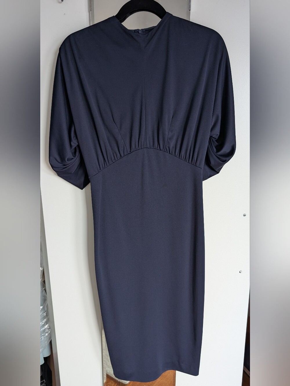 Prada 2018 Navy Blue Crepe Sablé Ruched Puff Sleeve Midi Dress IT 38 / US 2